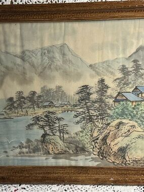 Vintage Japanese Sumi-e style watercolor on silk painting, Hanko signed